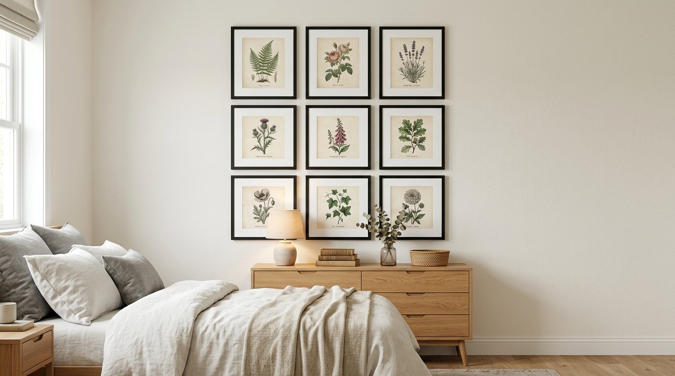 A bedroom wall featuring a 3x3 grid of framed floral and plant illustrations hung above a light wood mid-century dresser.
