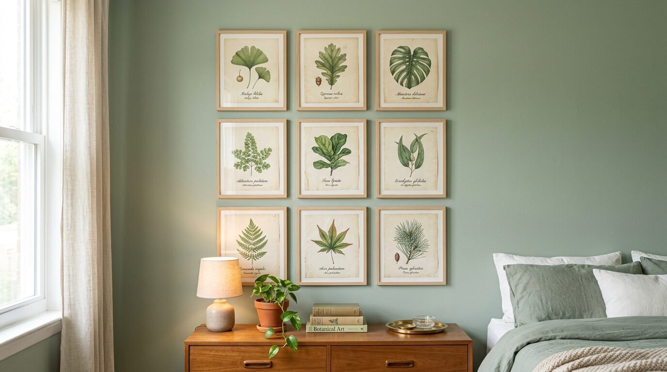 A gallery wall arrangement of nine scientific plant illustrations in wood frames above a mid-century wooden dresser.