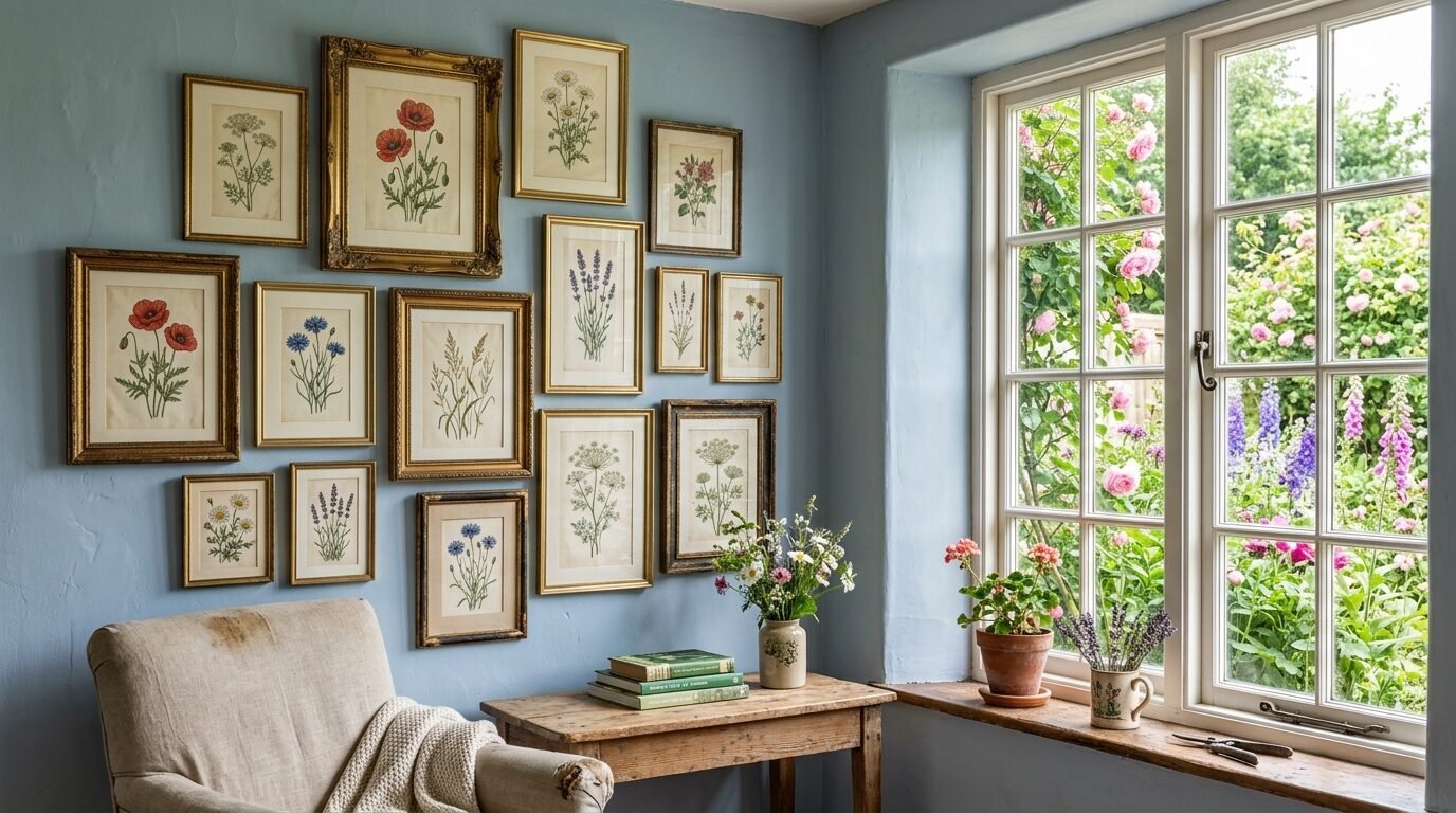 Gallery wall of framed floral sketches above a wooden side table next to a window with a blooming garden view.