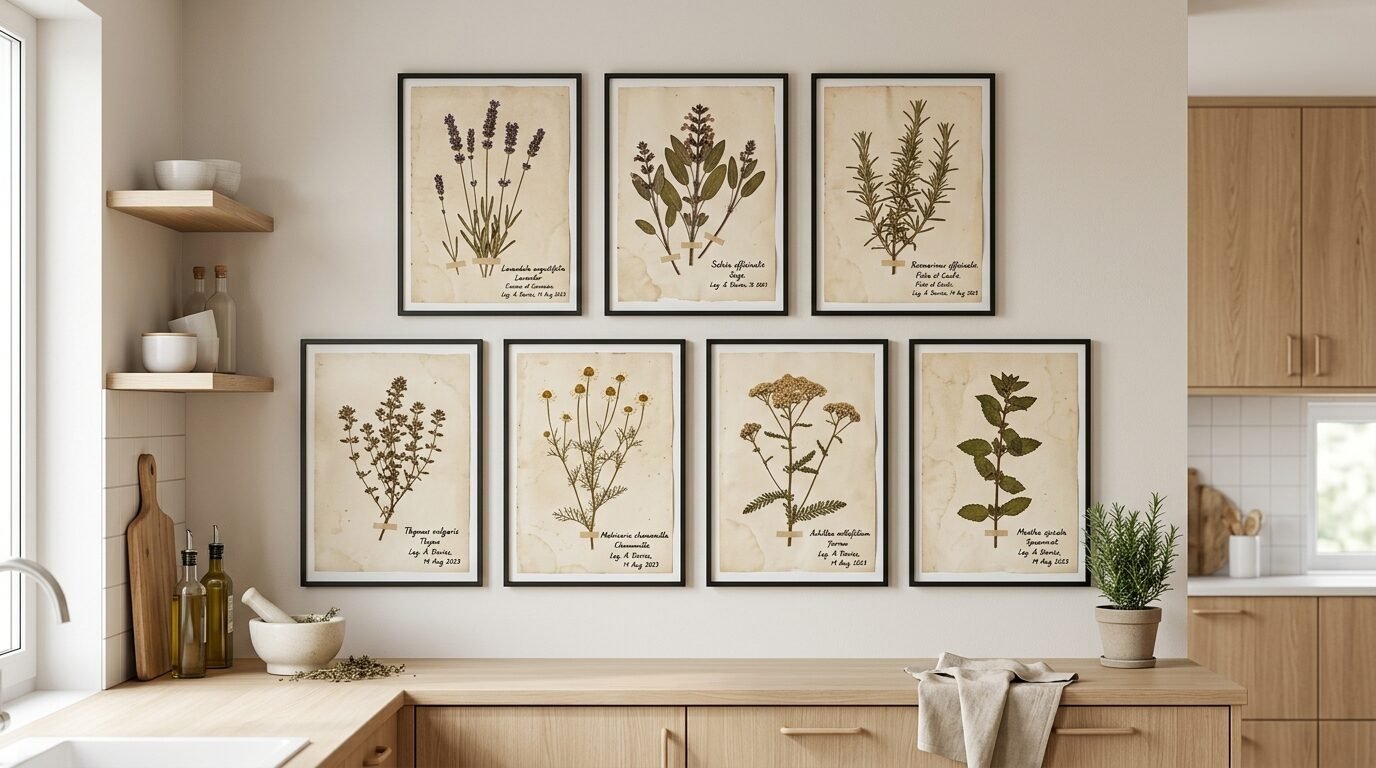 Seven framed antique-style herbal specimen prints hung symmetrically above a wooden kitchen counter.