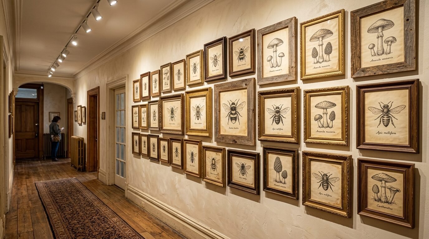 Wall gallery displaying framed sketches of bees and mushrooms in a long, wooden-floored home corridor.