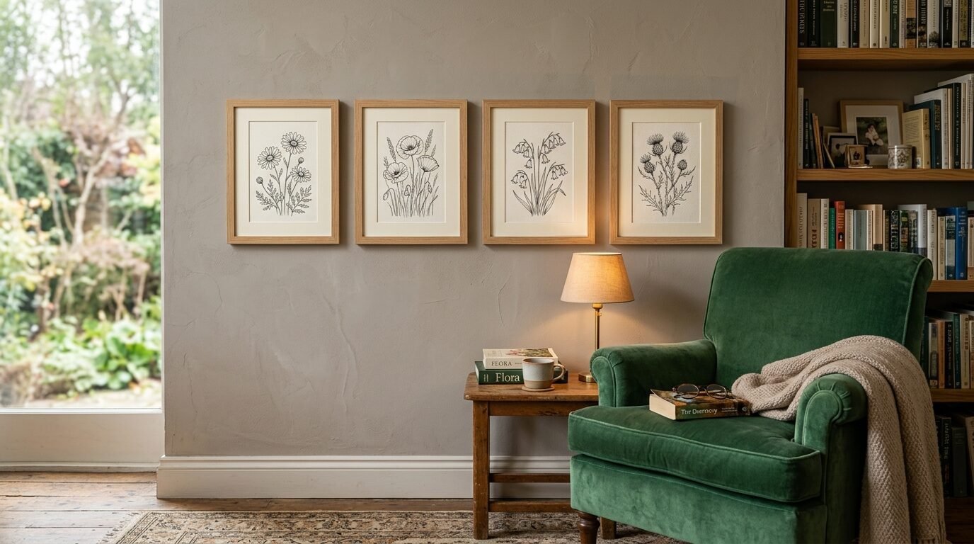 Four framed black and white line drawings of wildflowers displayed in a cozy living room with a green velvet chair.
