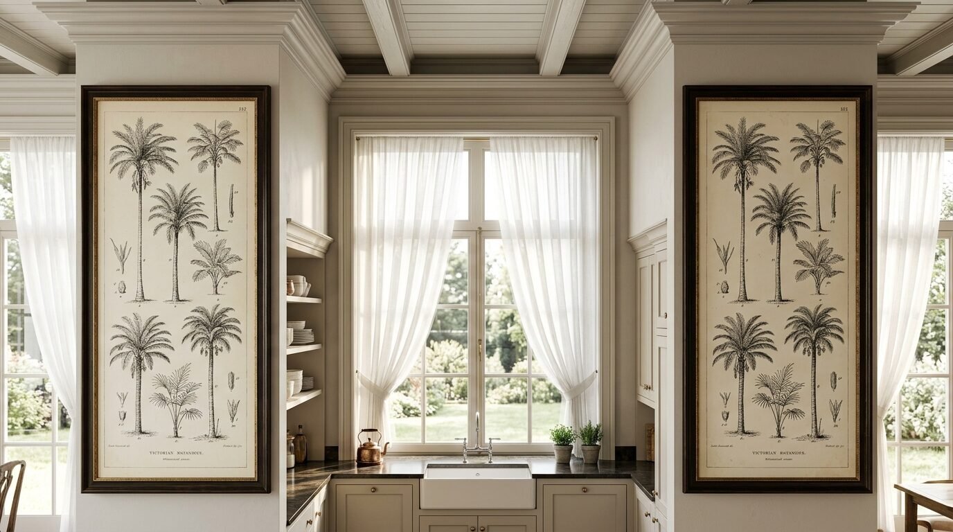 Two tall Victorian-style palm tree art pieces hanging on walls beside a bright kitchen sink window.