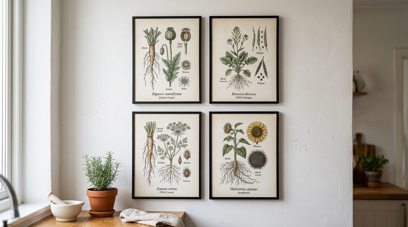 Four framed scientific illustrations of plants including poppy, cabbage, carrot, and sunflower on a white kitchen wall.