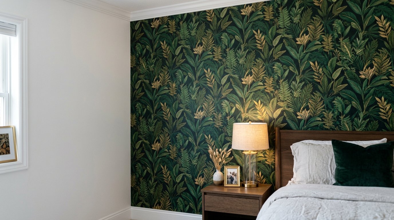 Modern bedroom with dark green tropical plant pattern wallpaper behind a wooden headboard and bedside lamp.