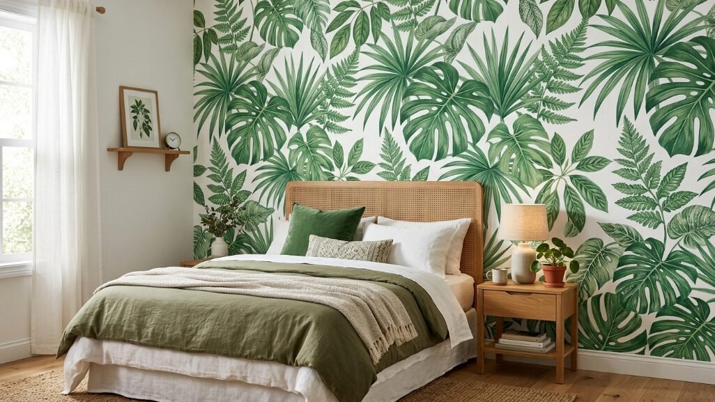 Modern bedroom with green palm leaf wallpaper behind a woven rattan bed frame and natural wood nightstands.