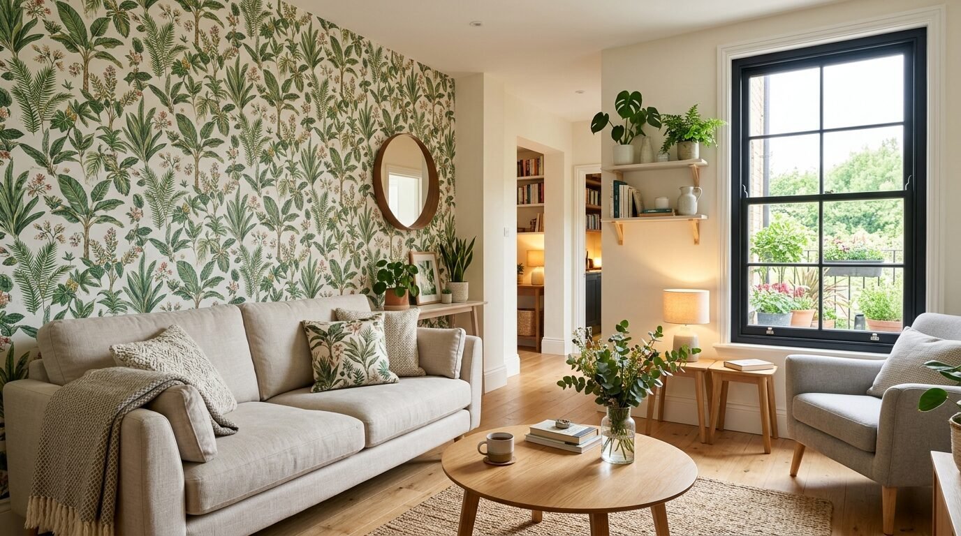 A cream sofa sits against a wall with green jungle-themed wallpaper in a bright, modern living room.
