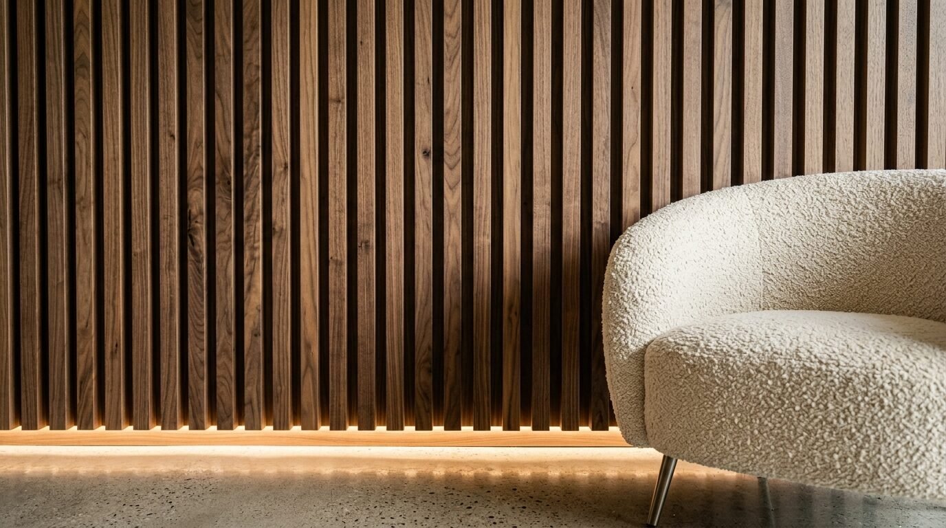 A beige sherpa armchair sits on a concrete floor in front of a backlit vertical wood slat feature wall.