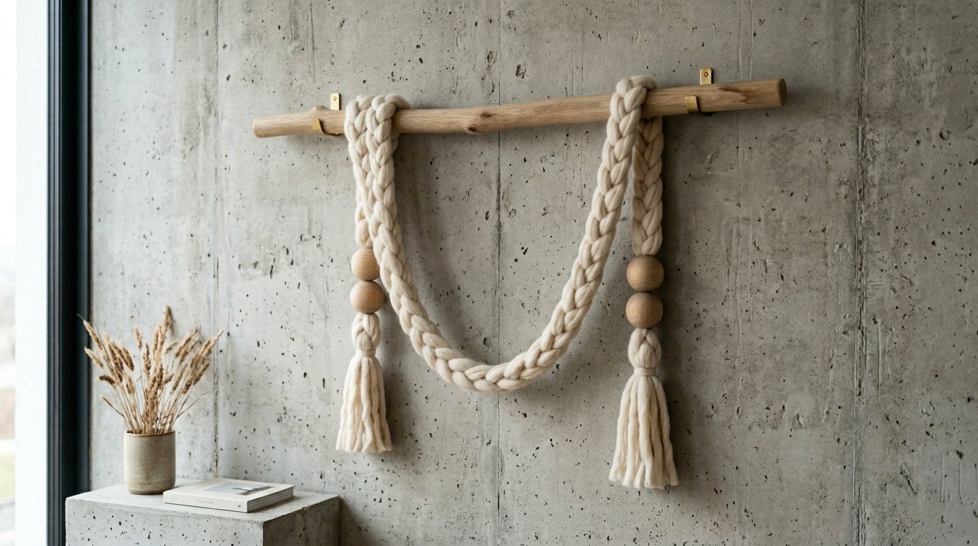 A beige braided yarn hanging with wooden beads and tassels mounted on a raw wood rod against concrete.