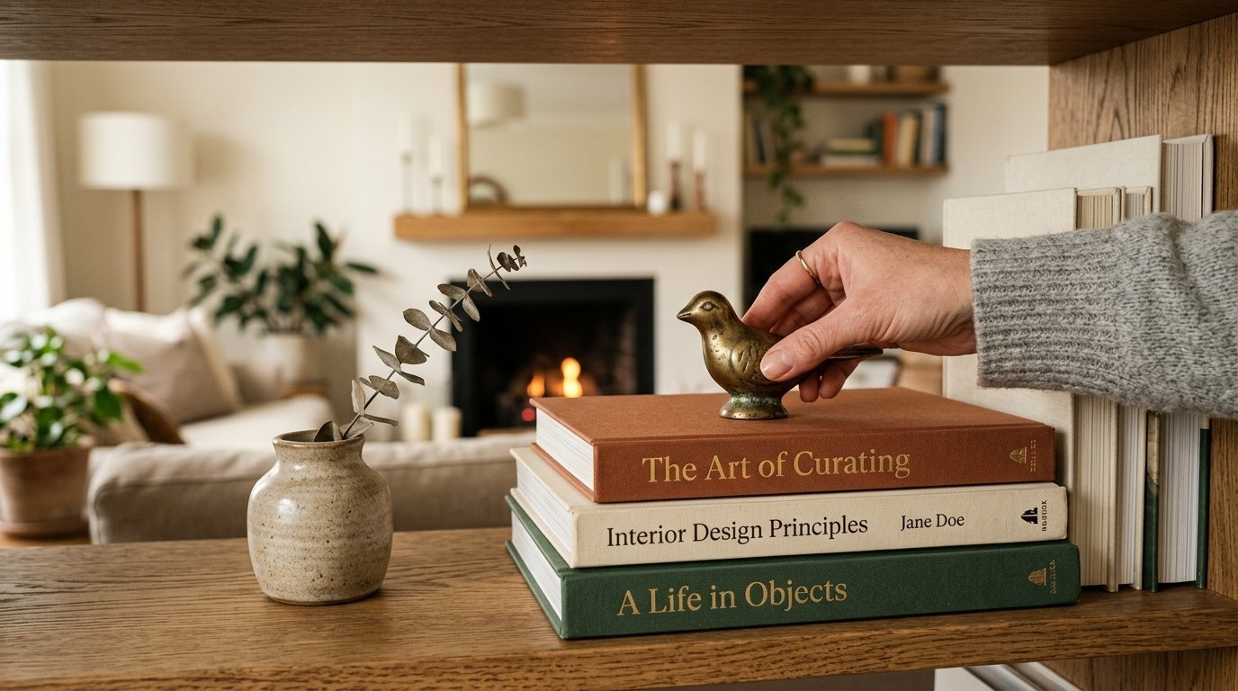 Close-up of a person's hand setting a small brass bird statue atop a stack of hardcover books on a wooden shelf.
