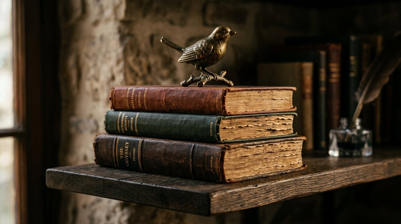 A metal bird figurine sitting on three leather-bound antique books on a rustic wooden shelf.