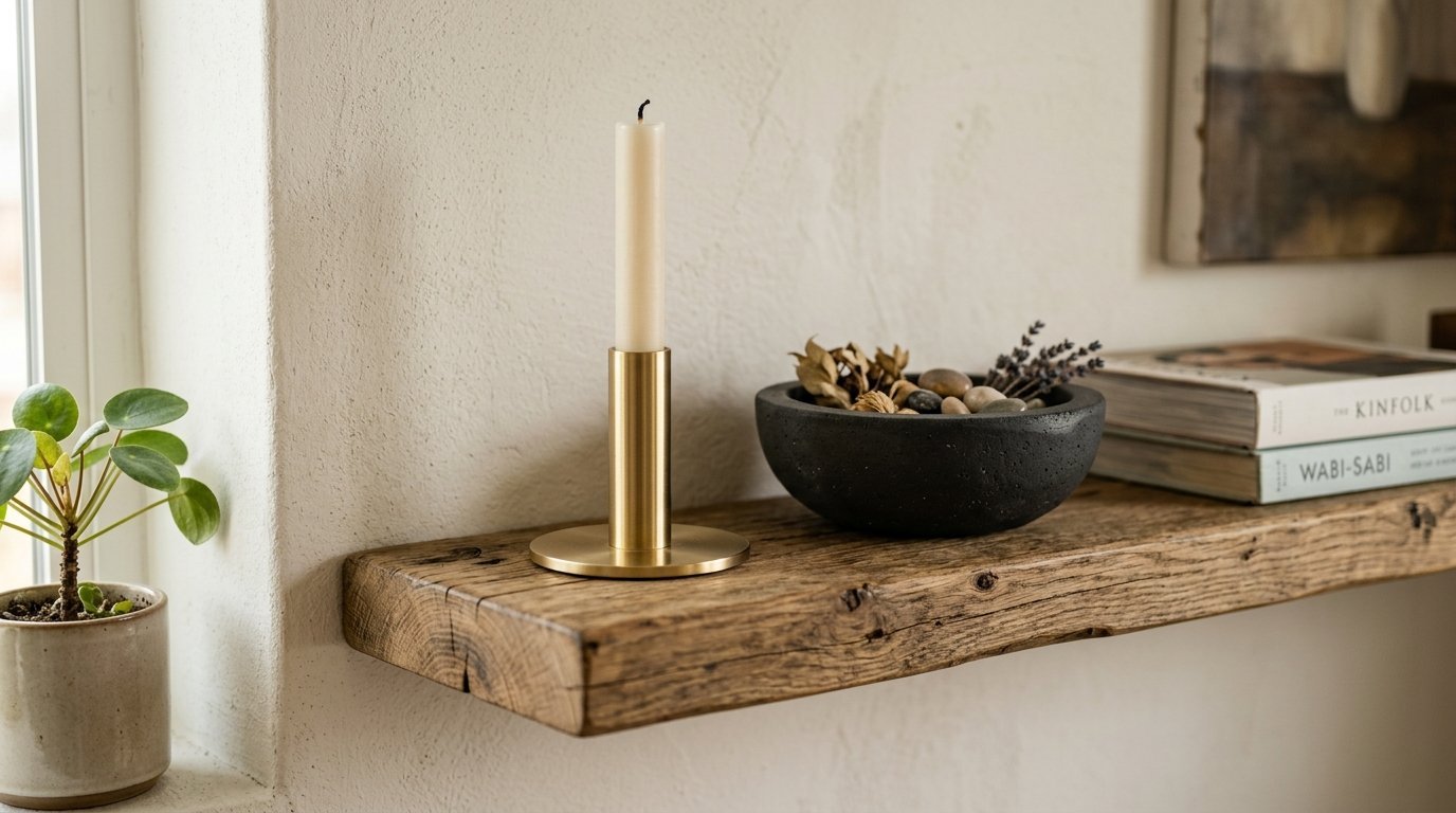 A brass candle holder, dark stone bowl with dried botanicals, and books arranged on a textured wooden floating shelf.