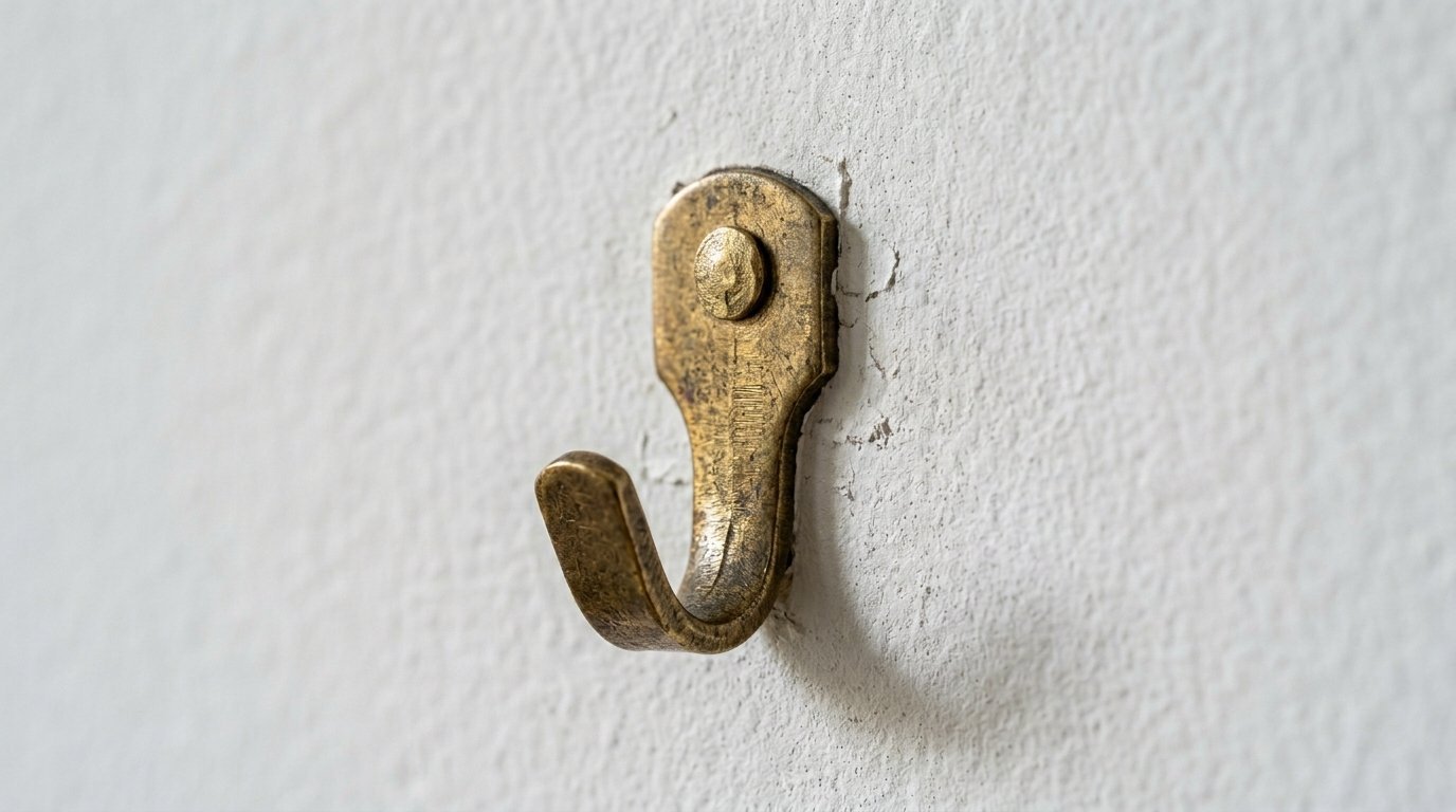 Close up of a weathered bronze-colored metal hook attached to a rough white wall with a visible mounting screw.