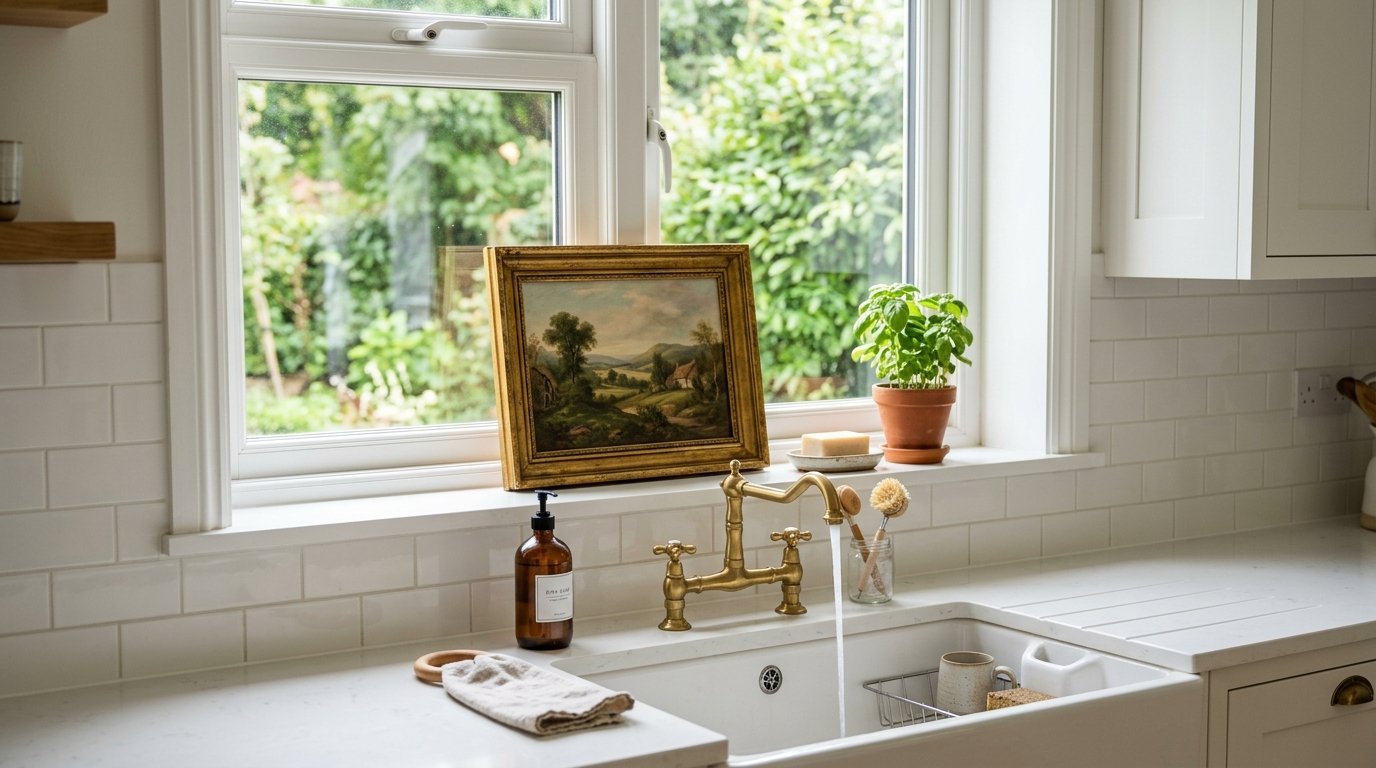 Vintage gold frame landscape painting and basil plant on a kitchen windowsill above a white farmhouse sink.