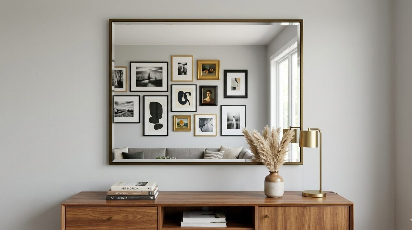 A brass-framed mirror hangs above a wooden console table with books and a vase, reflecting framed art on the wall.