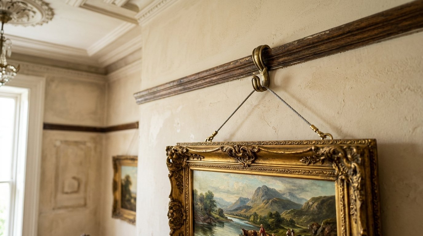 A landscape oil painting in a gilded frame hangs from an antique brass s-hook attached to a wooden wall molding.