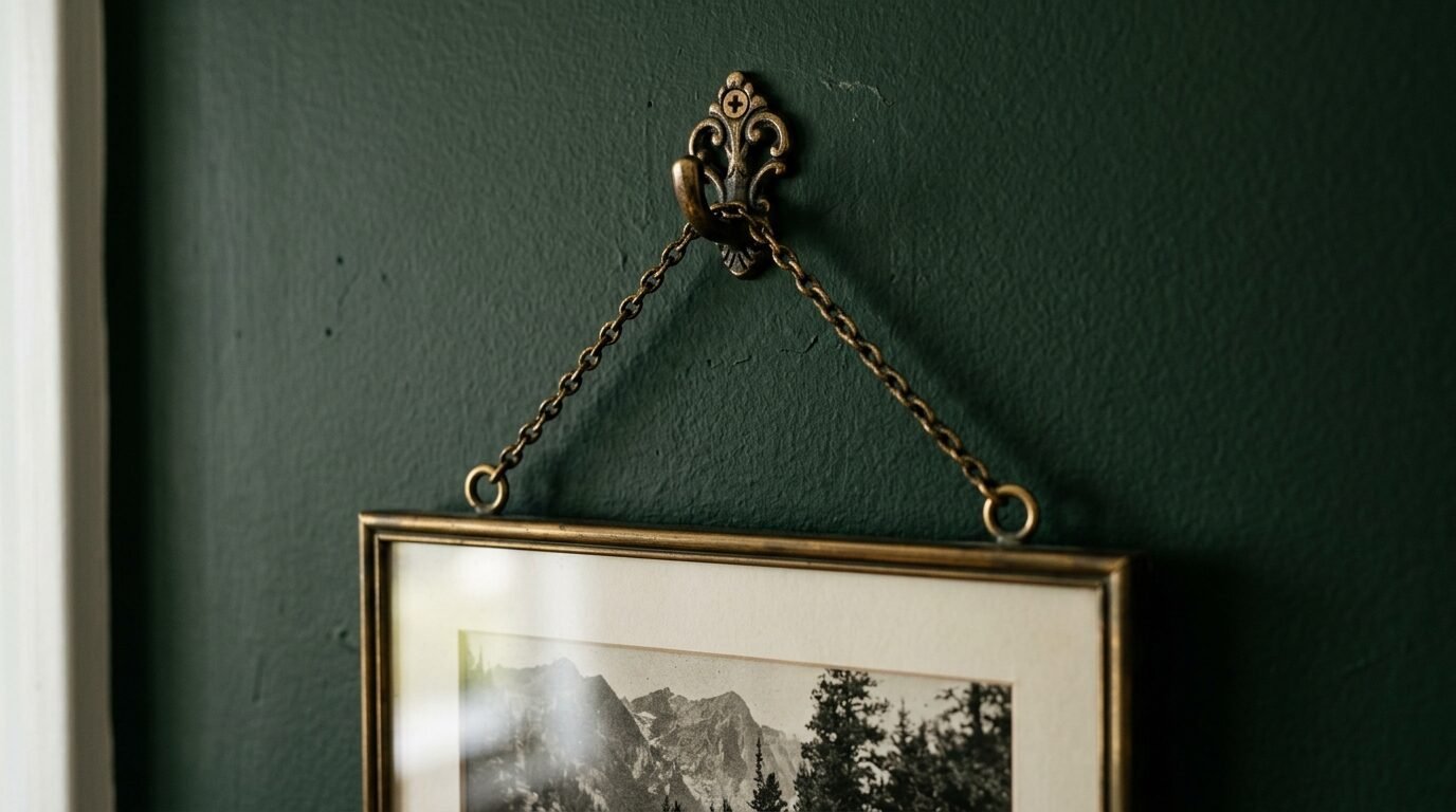 Close-up of a framed photograph hanging by a decorative metal chain from a vintage brass wall hook.