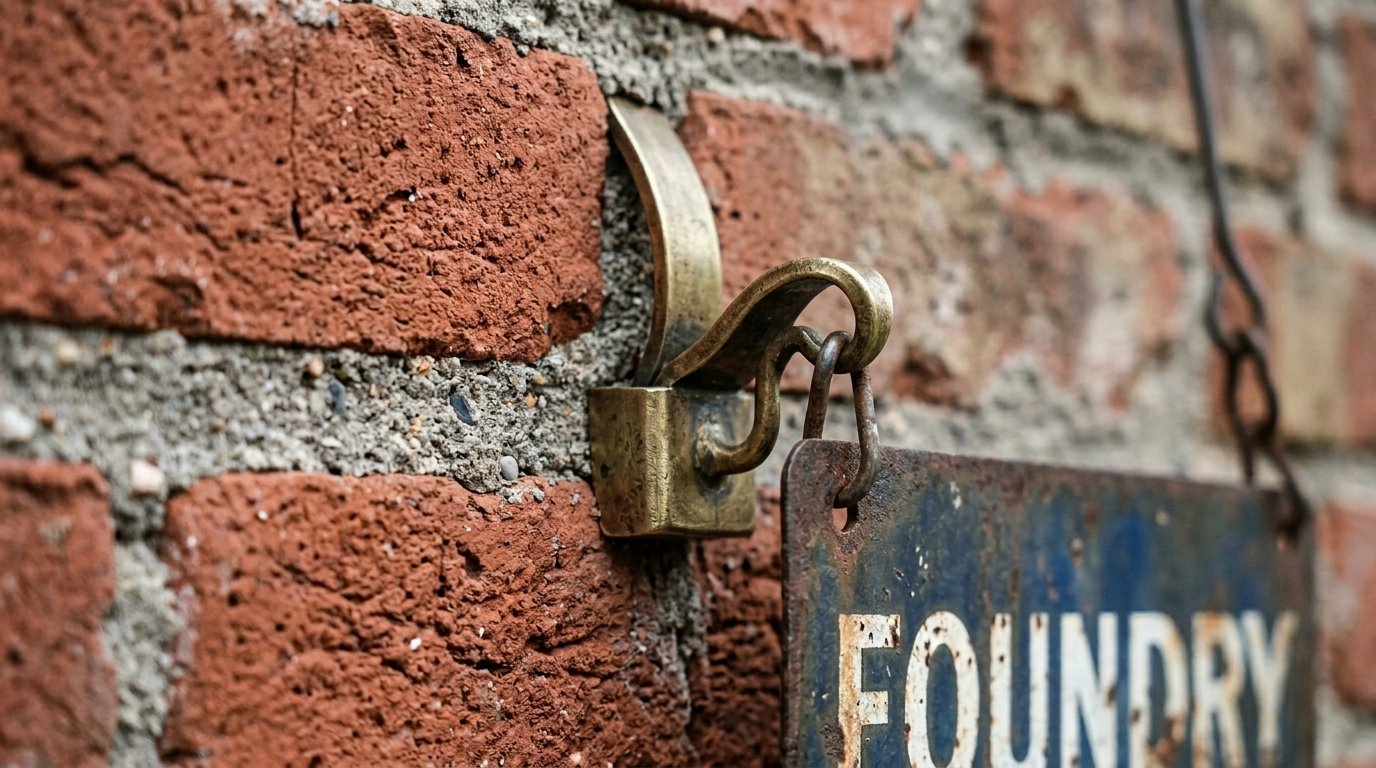 Decorative brass bracket attached to a weathered red brick wall holding a partial metal sign.