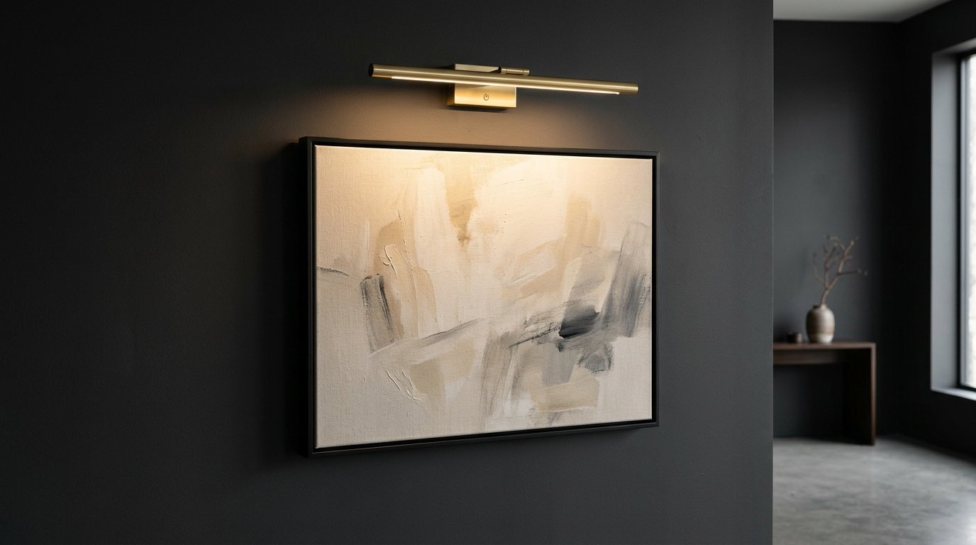 An LED fixture mounted above a framed abstract painting on a dark charcoal wall.
