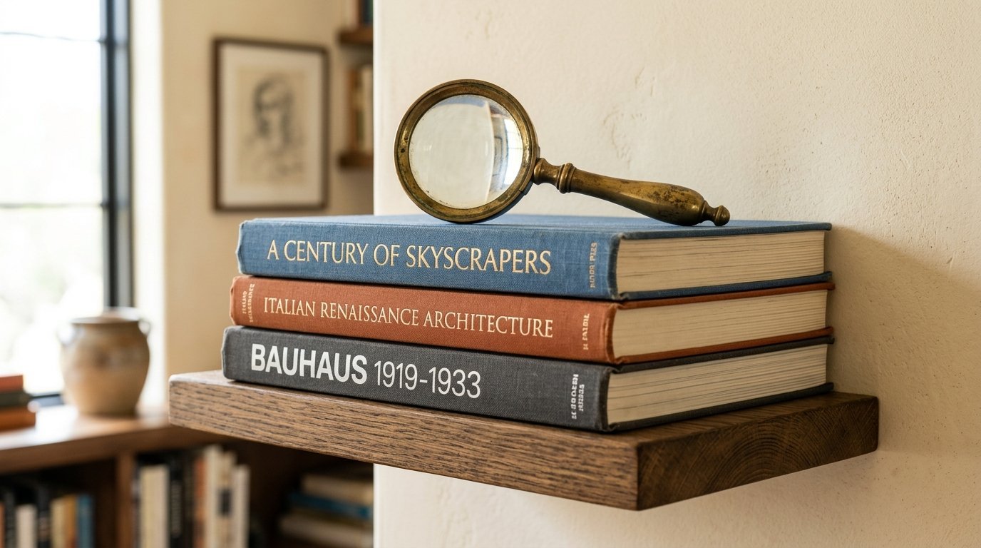 Close-up of a brass magnifying glass sitting on top of three hardcover design books on a wooden floating shelf.