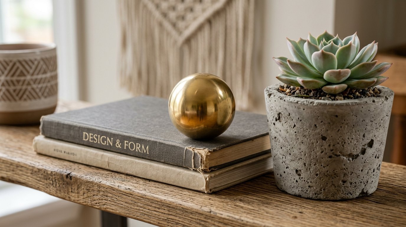 Close up of a polished brass ball sitting on top of a gray Design and Form book next to a concrete succulent pot.
