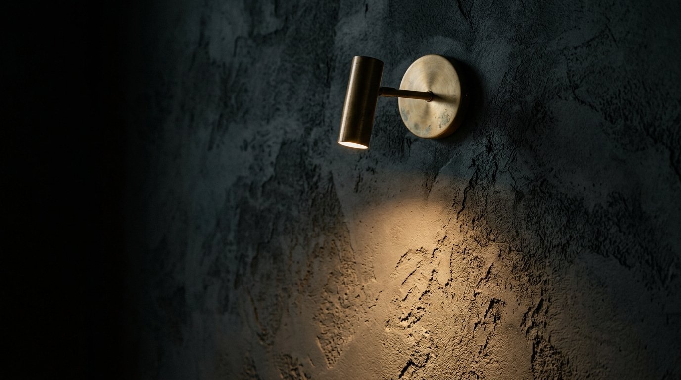 A small cylindrical gold-tone sconce mounted on a dark grey rugged wall, illuminated by a warm spotlight beam.