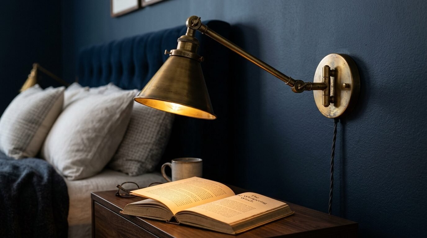 Open book and mug sitting on a bedside table under a vintage style metallic wall lamp.
