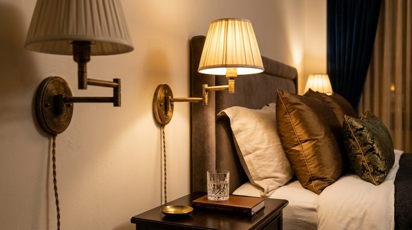 Close-up of dual swing-arm wall lights beside a bed with gold and green decorative pillows.