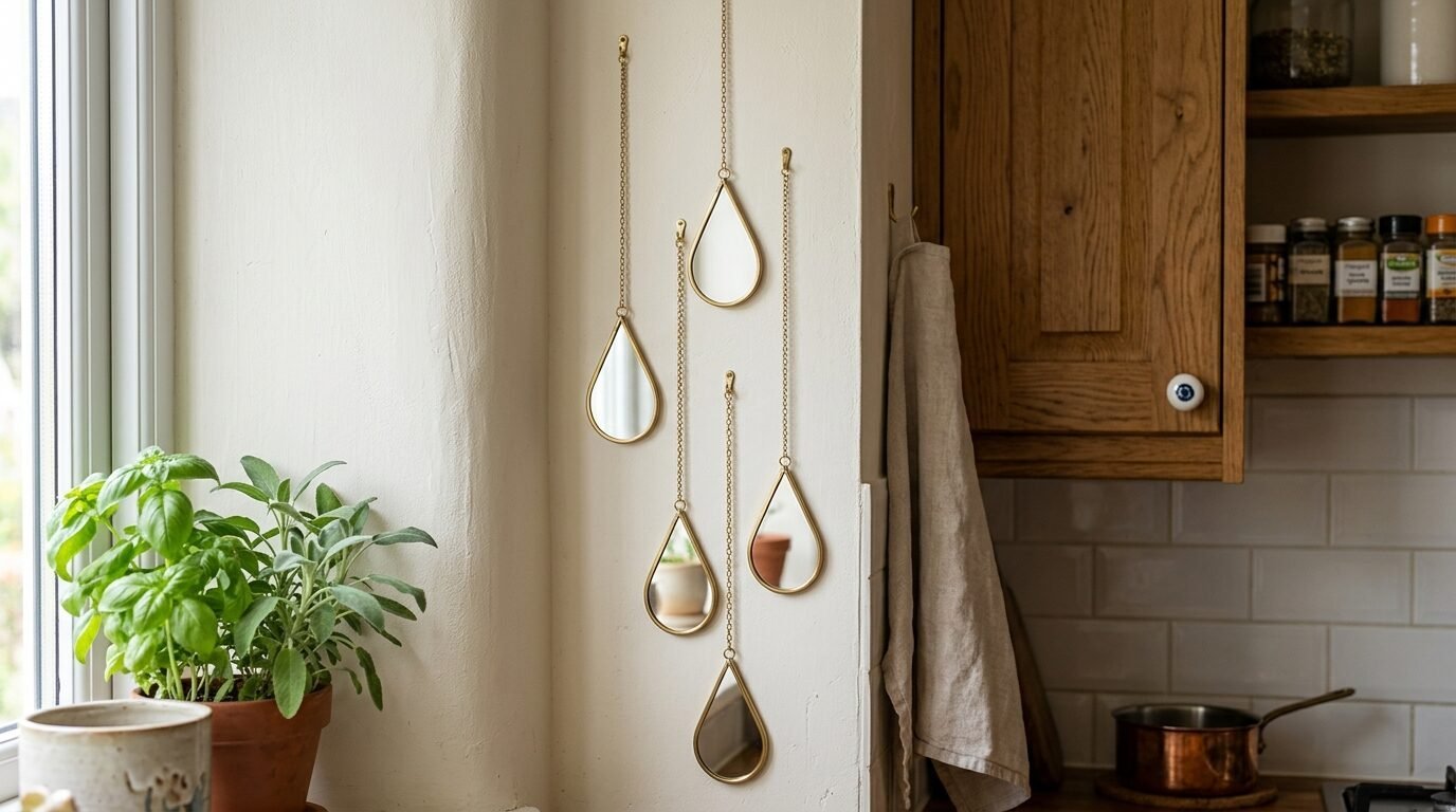 Group of small gold rimmed teardrop shaped hanging mirrors arranged on a white kitchen corner wall.