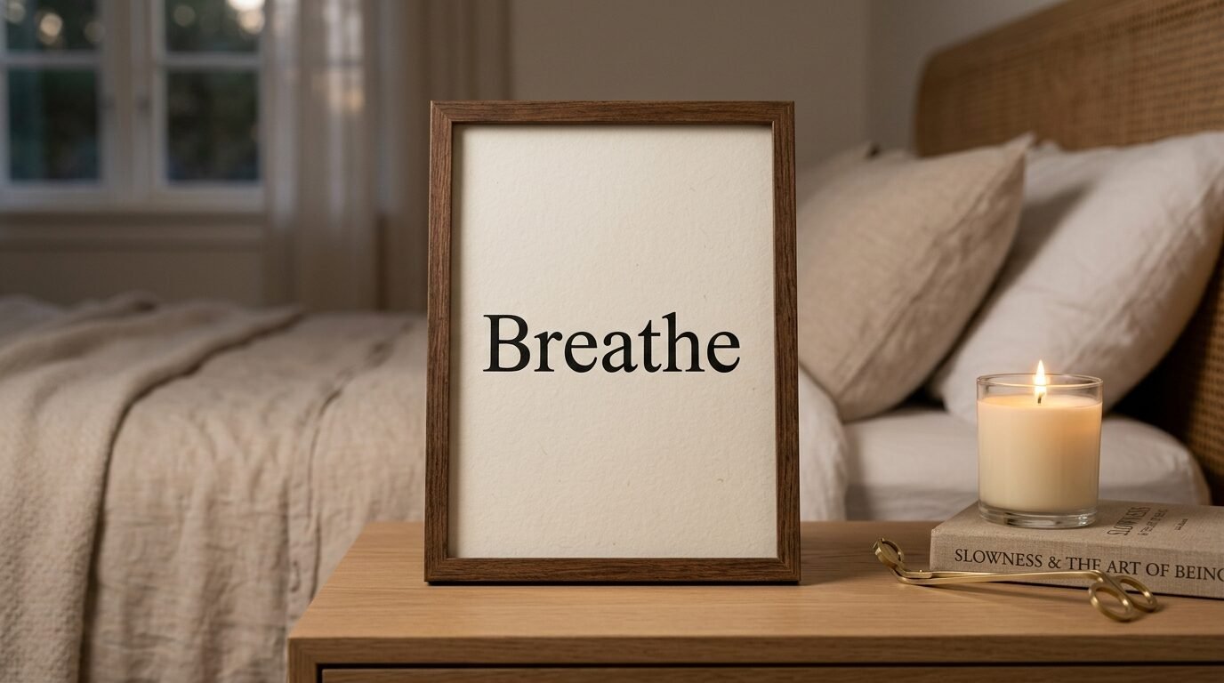 A wooden frame featuring the word Breathe sitting on a bedside table with a lit candle and book.