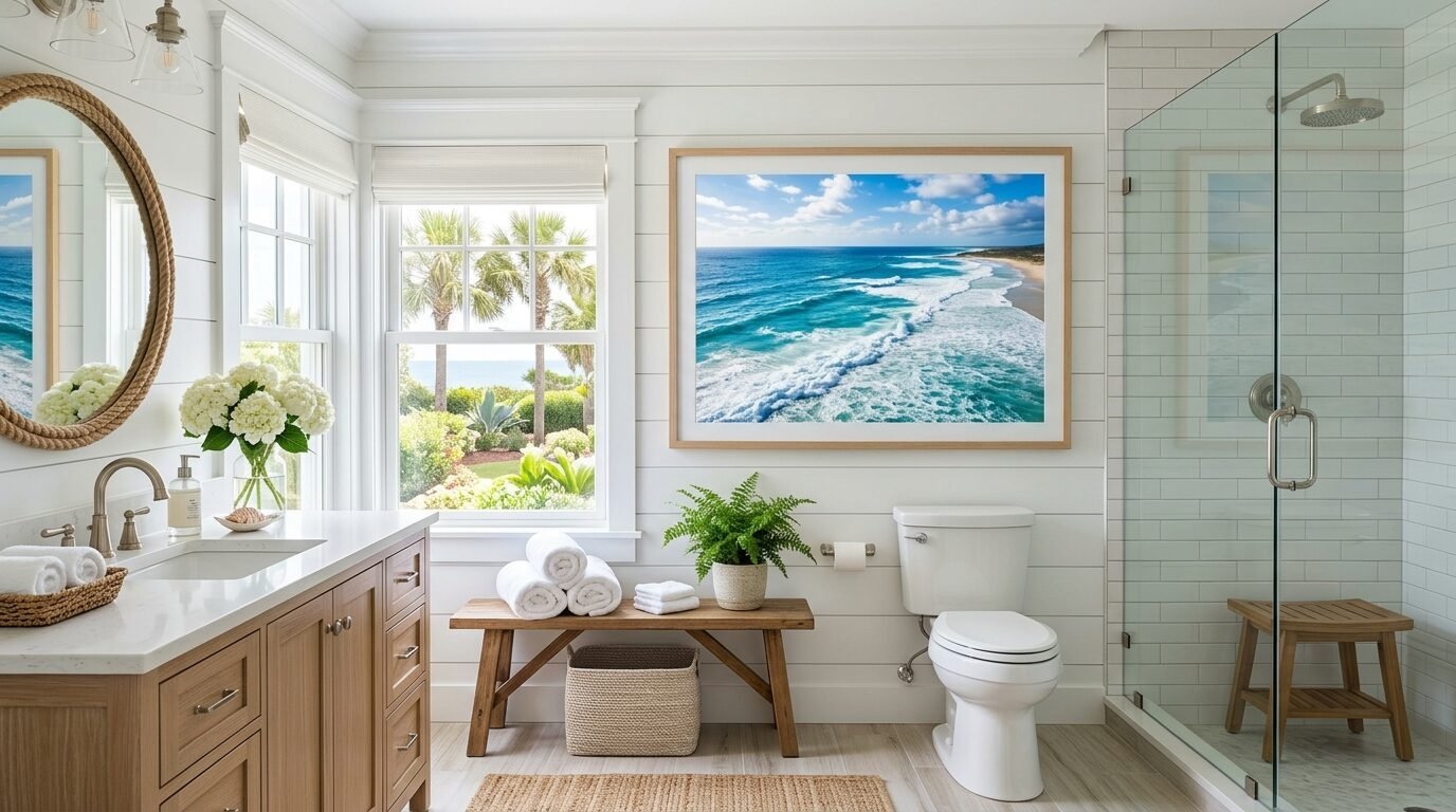 Coastal themed bathroom with wood vanity, shiplap walls, and a large ocean photograph above the toilet.