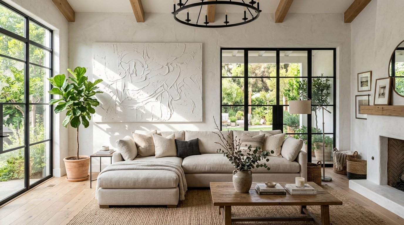 A beige sectional sofa sits in a bright living room with large black steel frame windows and a textured white canvas.