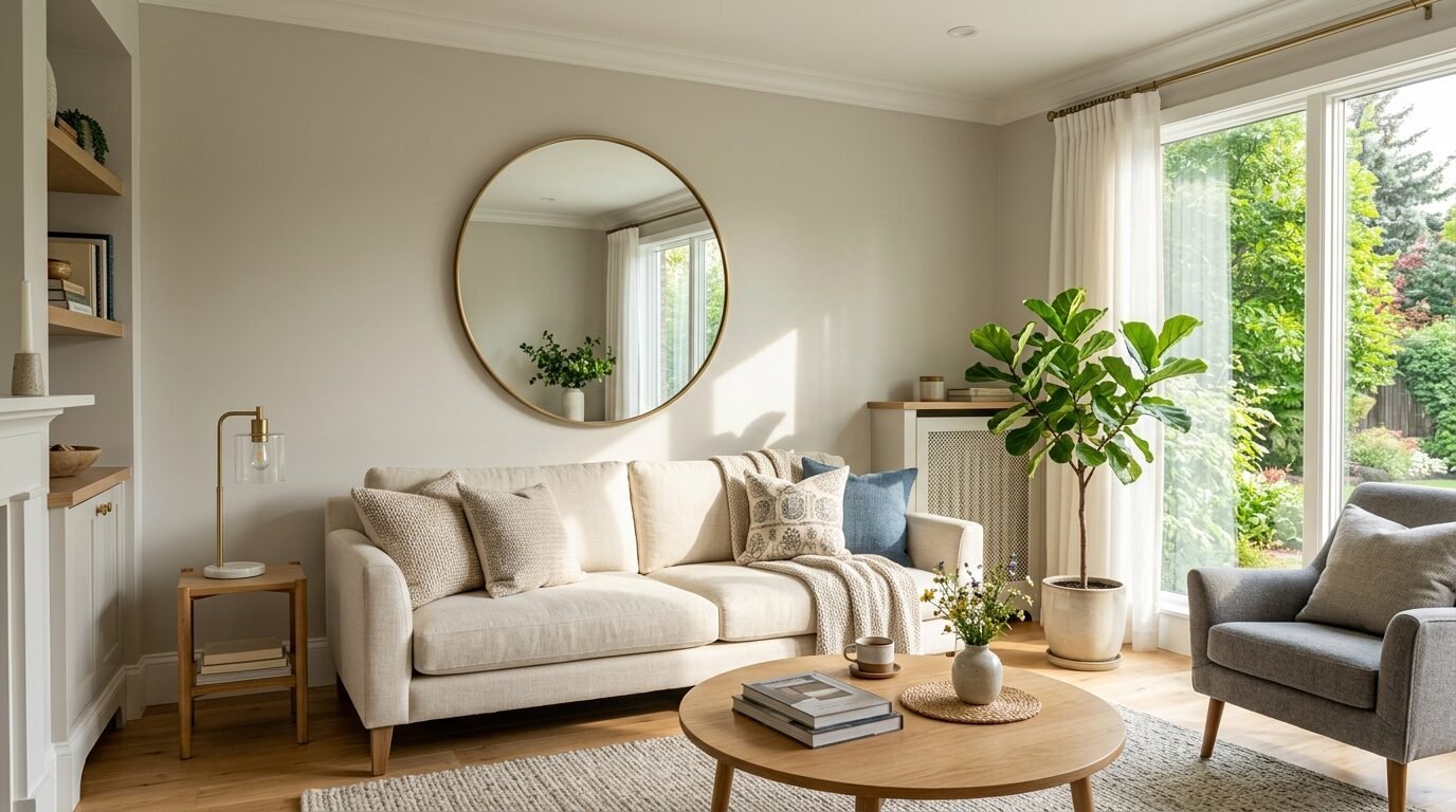 Bright, sunlit living area featuring a neutral couch, round gold mirror, and a fiddle leaf fig plant.