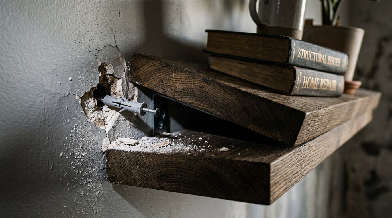 A wooden floating shelf detaching from a damaged drywall wall with a visible plastic wall anchor sticking out.