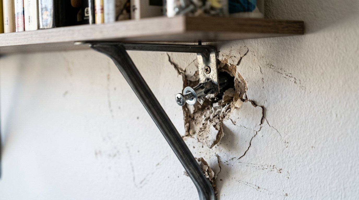 A metal shelf support bracket pulls out of a crumbling plaster wall.