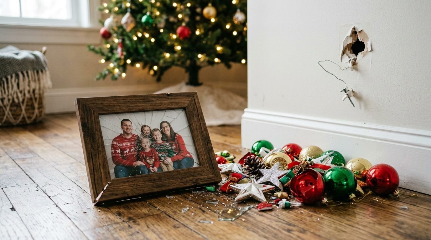 A cracked glass picture frame of a family in red sweaters lying on hardwood floor next to pile of Christmas bulbs.