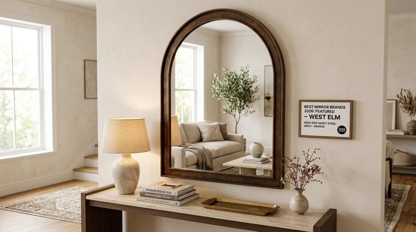 A rustic bronze arched mirror reflects a cozy living room, positioned above a stone console table with a lamp.