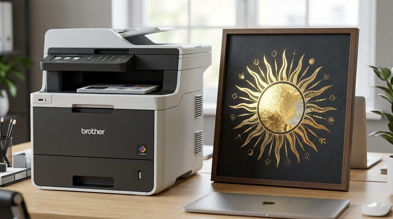 Multifunction Brother laser printer next to a framed black square with a metallic gold sun illustration.