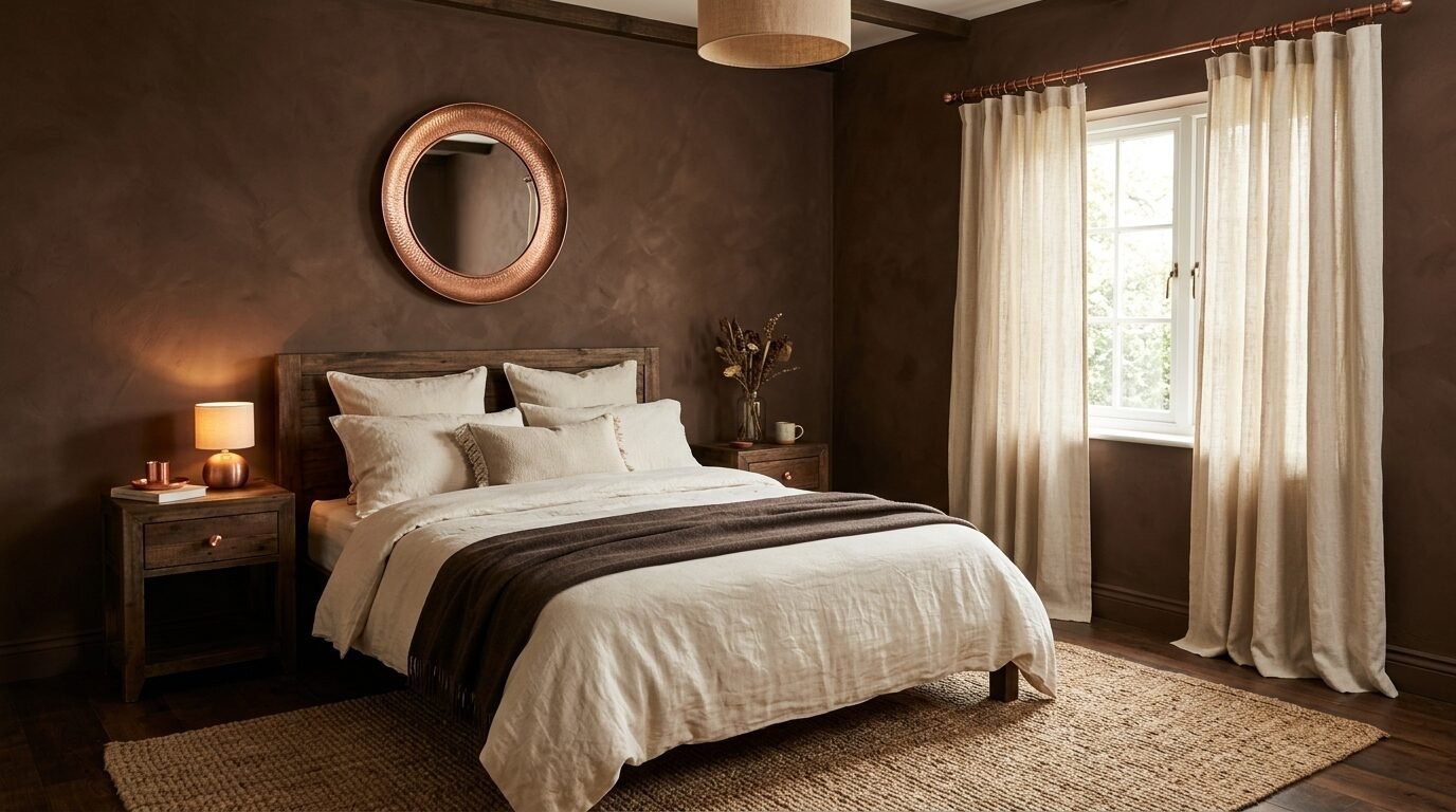 A rustic bedroom with dark brown walls, a wooden bed, linen sheets, and a circular hammered copper mirror.