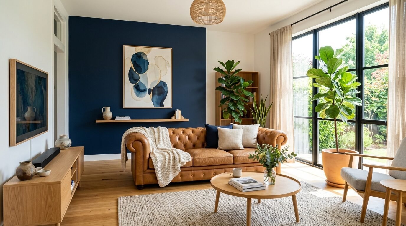 Modern living room with a brown tufted couch, navy accent wall, and a large fiddle leaf fig plant.