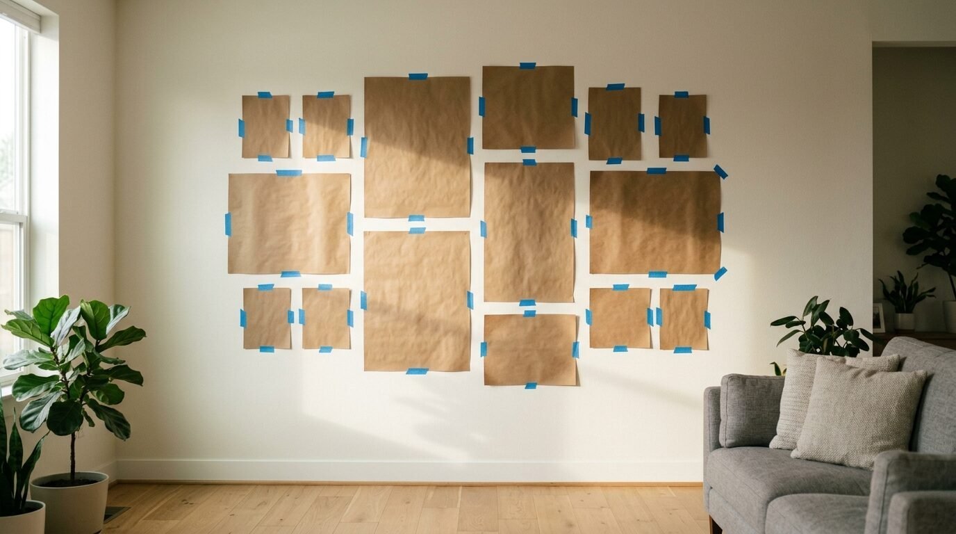 Brown paper sheets taped to a white living room wall to map out a picture frame arrangement.