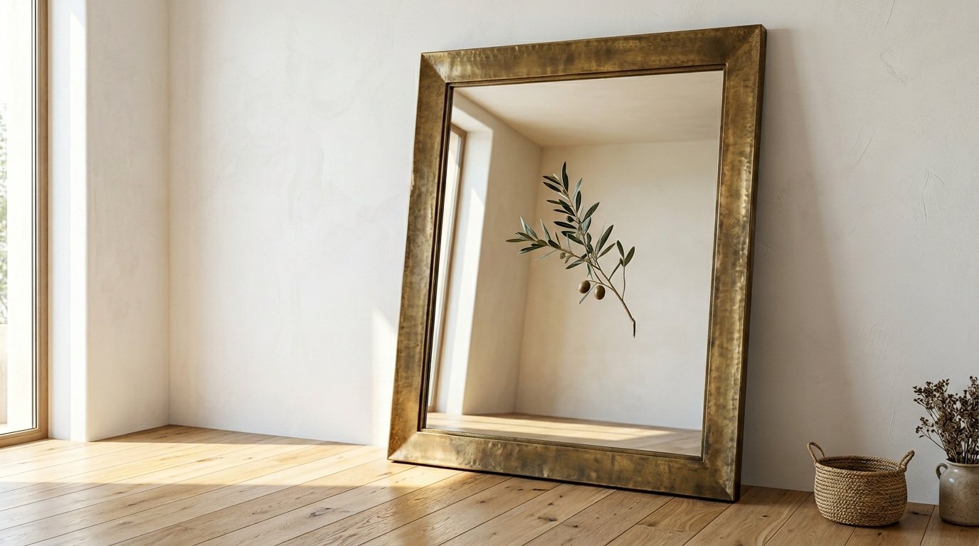 A decorative antique brass mirror leans against a white wall on a wooden floor, reflecting a single olive stem.