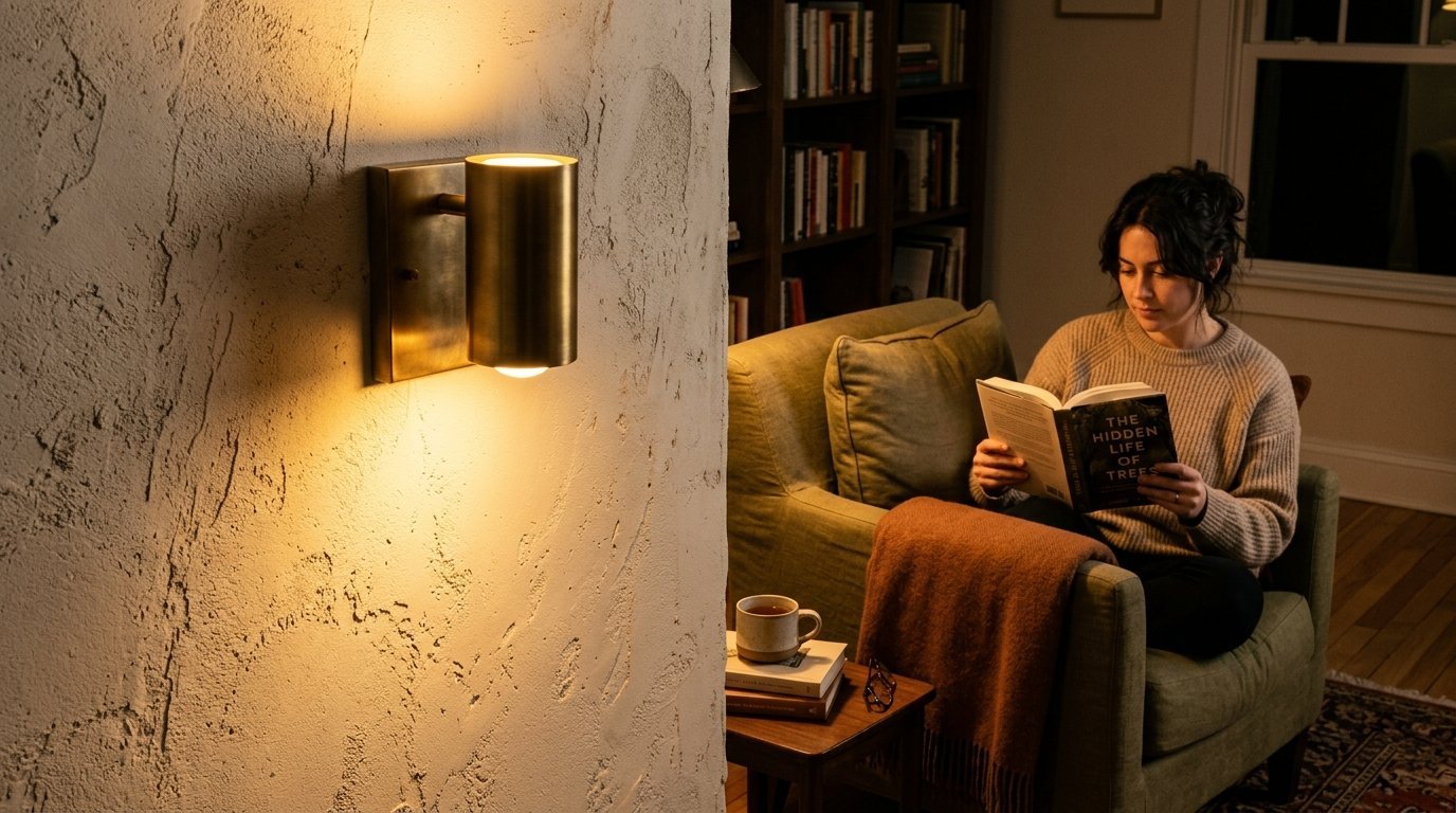 A person sitting in a green chair under a brass sconce reading The Hidden Life of Trees.