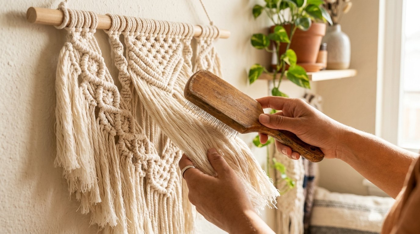 Close up of hands using a wooden brush to smooth out the cotton cord fringe on a decorative macrame tapestry.