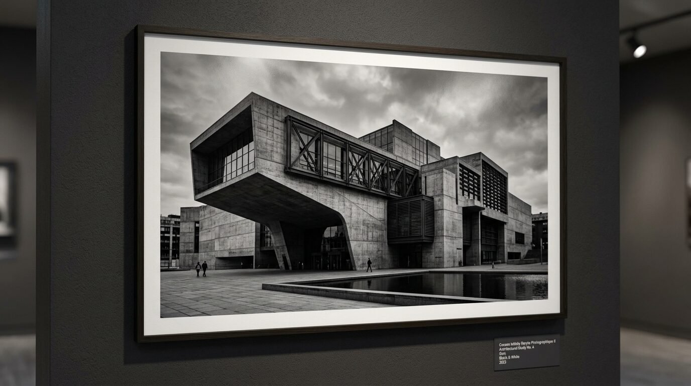 A gallery wall displays a monochromatic photo of a geometric concrete building with a large cantilever.