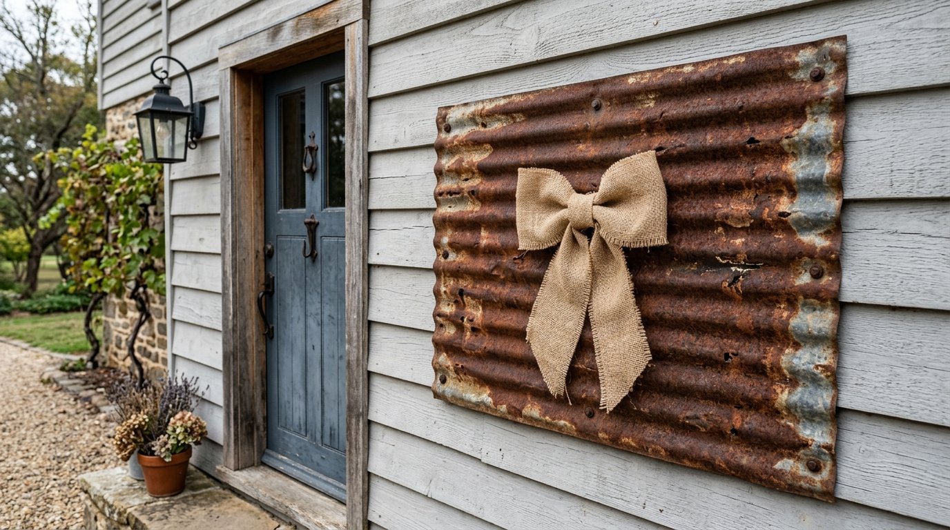 A decorative burlap ribbon bow attached to a sheet of rusted corrugated metal on a grey wooden siding wall.