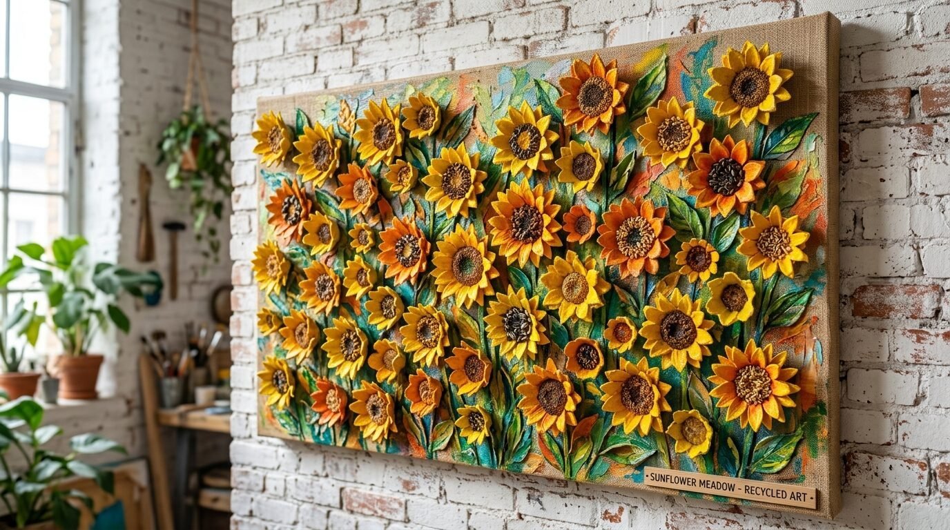 A wall-mounted art piece featuring many raised yellow sunflowers on a burlap background, hung on a white brick wall.