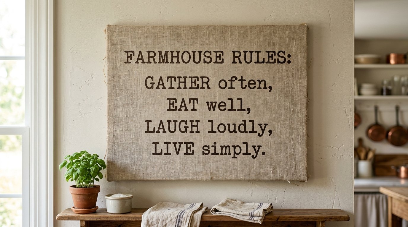 A textile sign on a beige wall featuring the text Farmhouse Rules: Gather often, Eat well, Laugh loudly, Live simply.