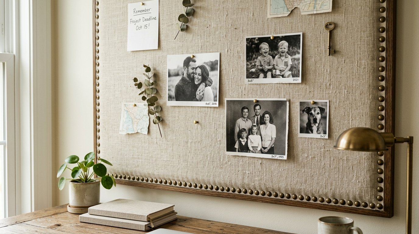 A beige linen pinboard with brass tacks displaying black and white photos of children, a family, and a pet dog.