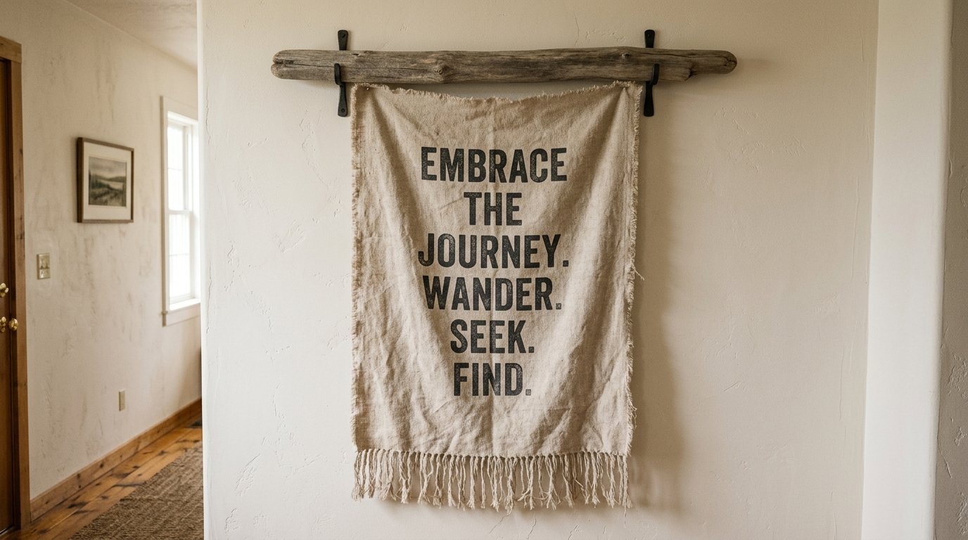 Tan fabric wall tapestry with black printed words suspended from a piece of raw driftwood.